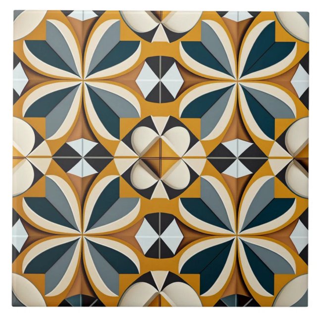 Azulejo Ócre y Floral Geométrico Retro en Verde Azulado (The complete printed tile design. Tiles sold individually.)