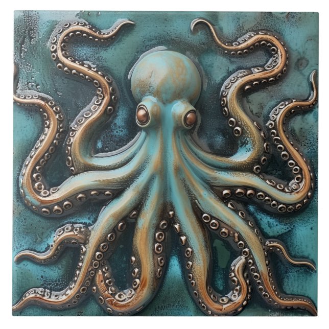 Azulejo Octopus Aquatic de efecto 3D de Teal y Cobre (Frente)