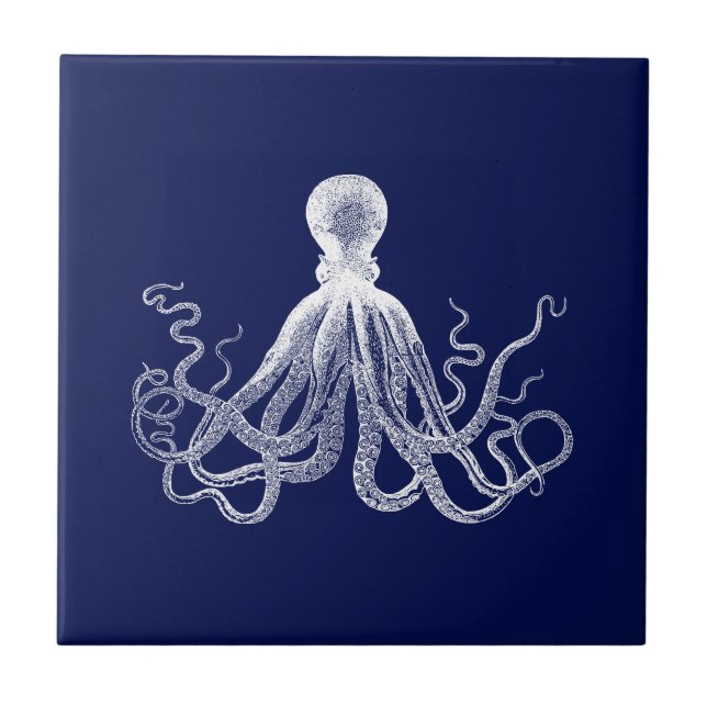 Azulejo Octopus de la Marina Kraken azul oscuro (Frente)