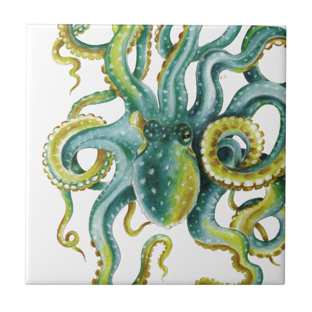 Azulejo Octopus Green Watercolor Art (Frente)