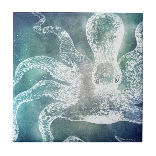 Azulejo Octopus Midnight Blue Watercolor Verde azulado Vin (Frente)