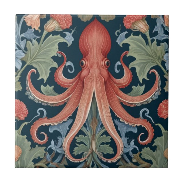 Azulejo Octopus Squid William Morris estilo Sea Ocean Life (Frente)