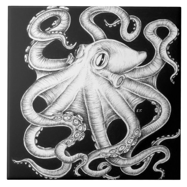 Azulejo Octopus Tinta Blanca Y Negra (Frente)