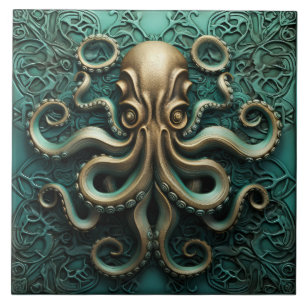 Azulejo Octopus Verde azulado y acuático de la vida marina