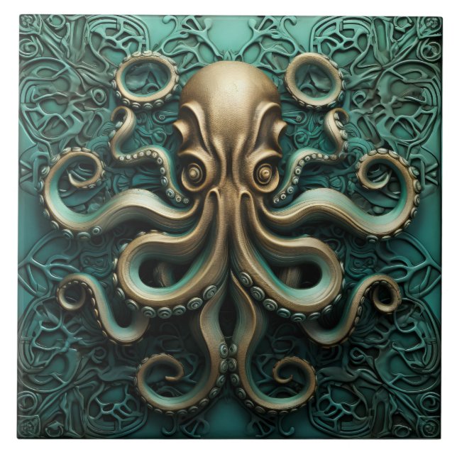 Azulejo Octopus Verde azulado y acuático de la vida marina (Frente)