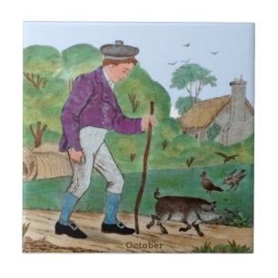 Azulejo Octubre Policromo Wedgwood niño cerdo Repro Antig