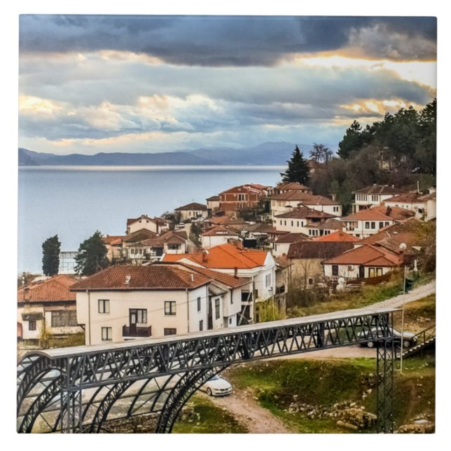Azulejo Ohrid, N. Macedonia, fotografía del paisaje urbano (Frente)