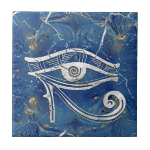 Azulejo Ojo de Horus egipcio de plata sobre mármol azul