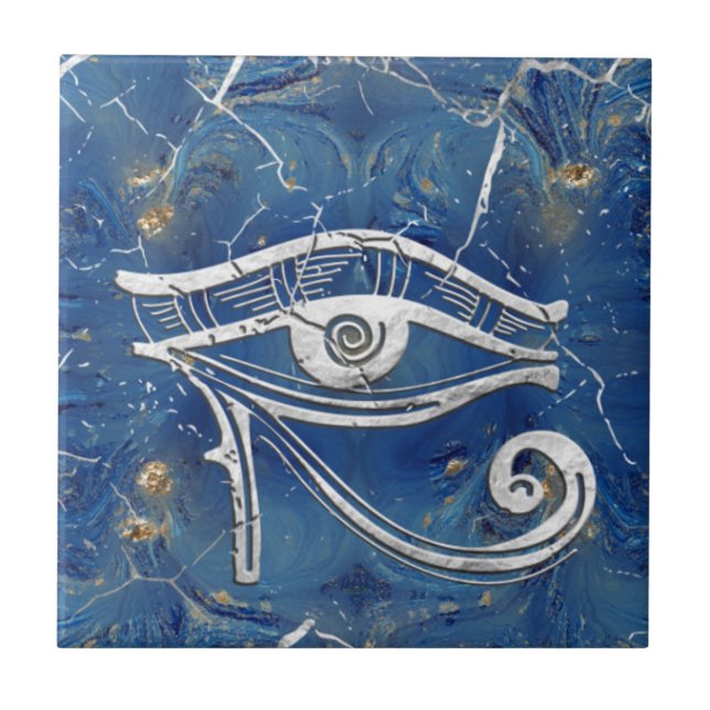 Azulejo Ojo de Horus egipcio de plata sobre mármol azul (Frente)