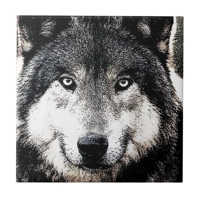 Azulejo Ojos de lobo - Pintura de animales salvajes en bla (Frente)