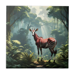 Azulejo Okapi En La Selva Lluviosa, (Girafa De Cebra)
