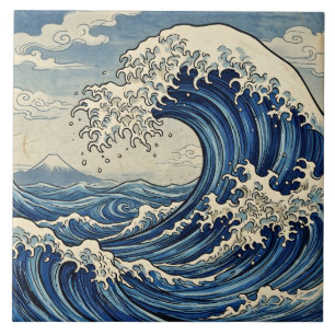 Azulejo Ola Grande y Monte Fuji Japoneses Vintage