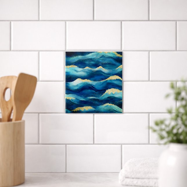 Azulejo Olas abstractas del océano acuarela azul y dorado (Subido por el creador)