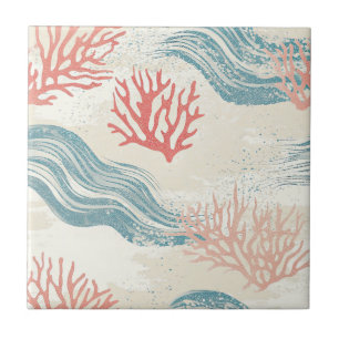 Azulejo Olas de coral y conchas costeras en acuarela (9)