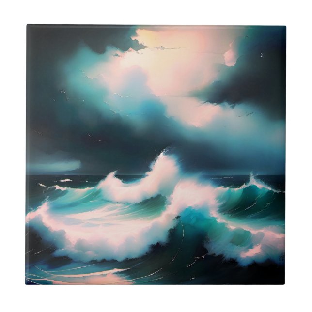 Azulejo Olas de océano azul bonito pintura (Frente)