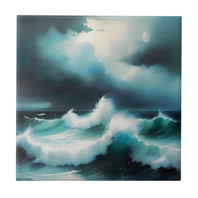 Azulejo Olas de océano azul hermoso pintura (Frente)