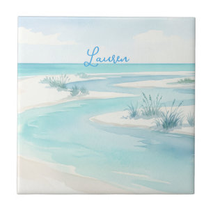 Azulejo olas de playa de acuarela azul pastel nombre edita