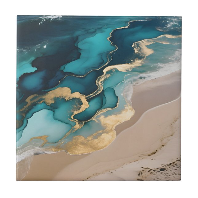 Azulejo Olas de Resina Oceánica Aérea Turquesa Oro Costera (Frente)
