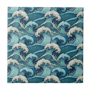 Azulejo Olas del Océano Azul Patrón Japonés de Verano Trop
