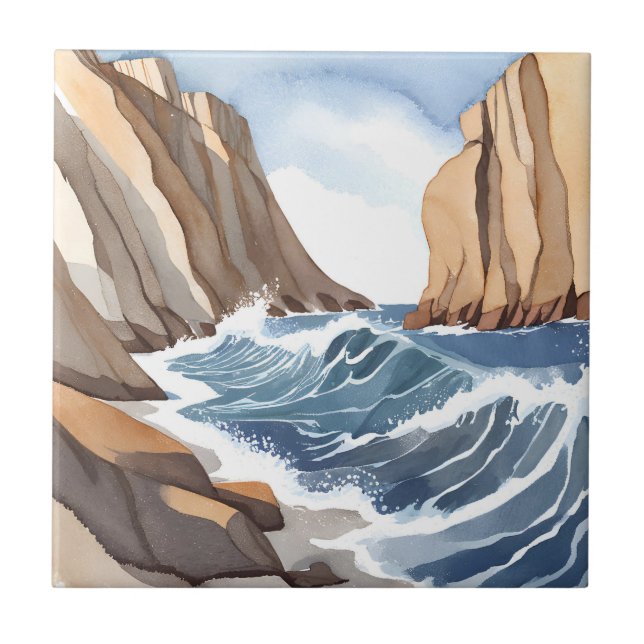 Azulejo Olas del océano chocando | Acuarela de playa coste (Frente)