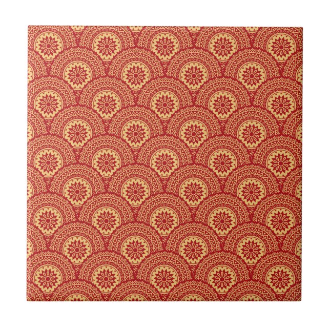 Azulejo Olas doradas de mandala en el fondo rojo (Frente)