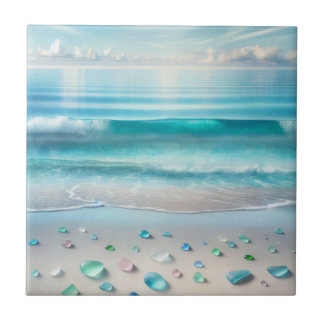 Azulejo Olas oceánicas azules de bonito y vidrio marino