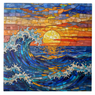 Azulejo Olas oceánicas costeras al atardecer  