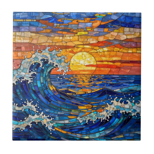 Azulejo Olas oceánicas costeras en la puesta del sol   (Frente)