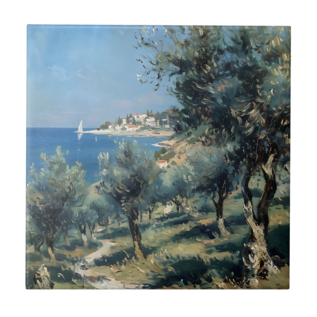 Azulejo Olivar con pueblo costero y mar (Frente)