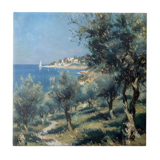 Azulejo Olive Grove with Coastal Village and Sea
