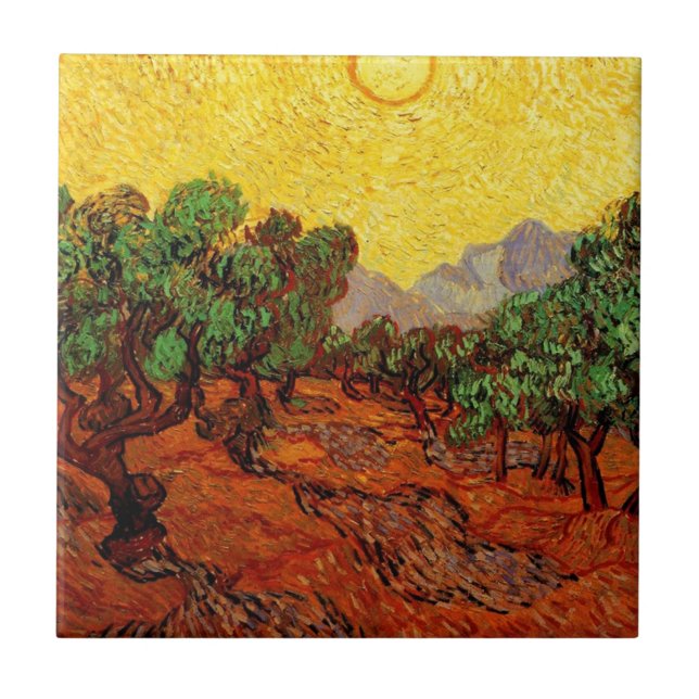 Azulejo Olivos con cielo amarillo y sol (Frente)