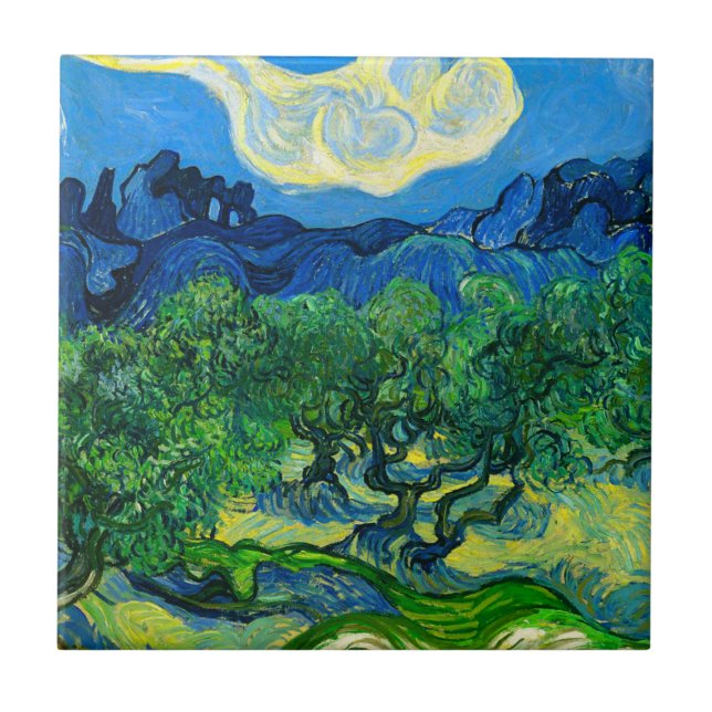 Azulejo Olivos Van Gogh en un paisaje montañoso (Frente)