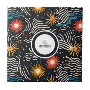 Azulejo Ondas florales vibrantes abstractas en negro