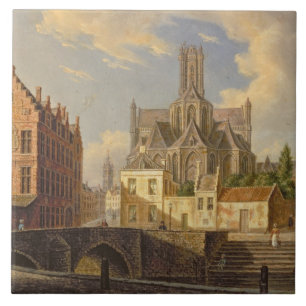 Azulejo Opinión de la ciudad con la figura pesca en un