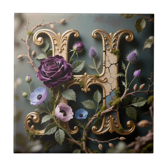 Azulejo Opulent Gold Floral Letter H Monogram (Frente)