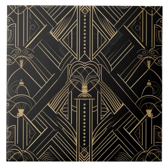 Azulejo Opulento Art Deco, Oro Negro, Diseño Geométrico (Frente)
