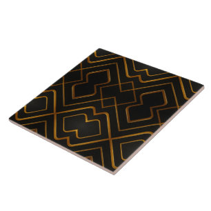 Azulejo Opulento Deco Grid Total Oro Líquido Negro Monocro