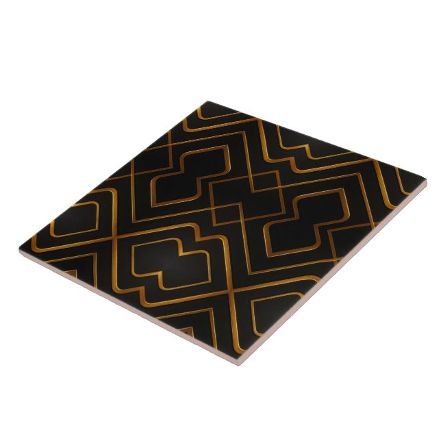 Azulejo Opulento Deco Grid Total Oro Líquido Negro Monocro (Lado)