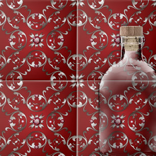 Azulejo Opulento Scarlet Victoriano Rojo y Plata Swirls