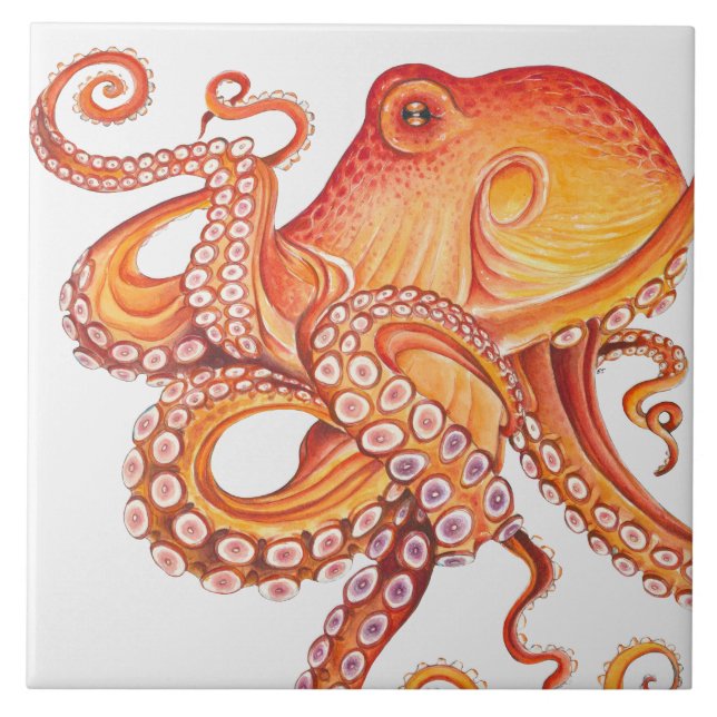 Azulejo Opulpo rojo Naranja Watercolor Art (Frente)