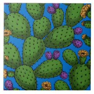 Azulejo Opuntia florida sobre azul