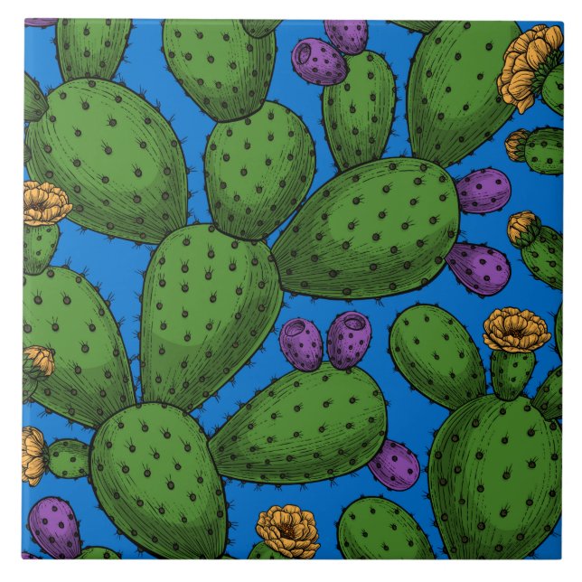 Azulejo Opuntia florida sobre azul (Frente)
