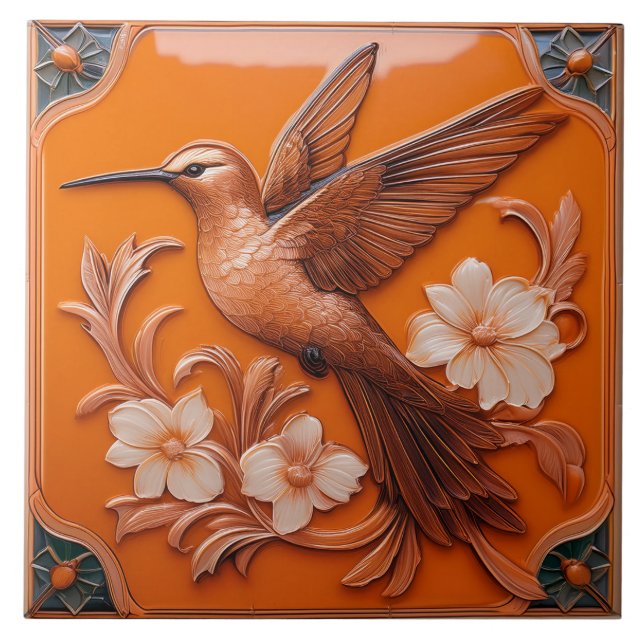 Azulejo Orange faux relief Art Nouveau Hummingbird L (Frente)