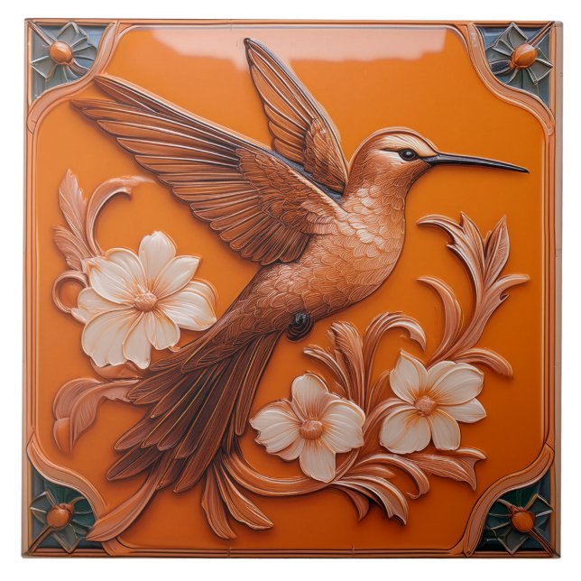 Azulejo Orange faux relief Art Nouveau Hummingbird R (Frente)