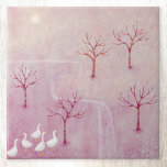 Azulejo Orchard rosa con pintura panorámica geesa<br><div class="desc">Un rebaño de gansos en un huerto de manzanos en primavera. Un suave y polvoriento paisaje rosado. Arte original de Nic Squirrell.</div>