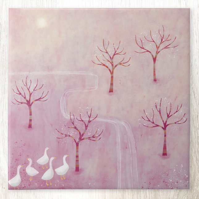 Azulejo Orchard rosa con pintura panorámica geesa (Landscape orchard geese art ceramic tile
)