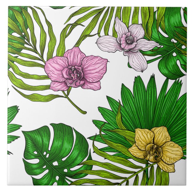 Azulejo Orchids and palm leaves, pink, yellow, green and w (Frente)