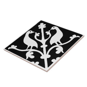 Azulejo Orientación de diamantes pájaros blanco y negro