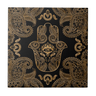 Azulejo Ornamento de Hamsa Hand Black y oro