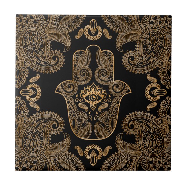 Azulejo Ornamento de Hamsa Hand Black y oro (Frente)
